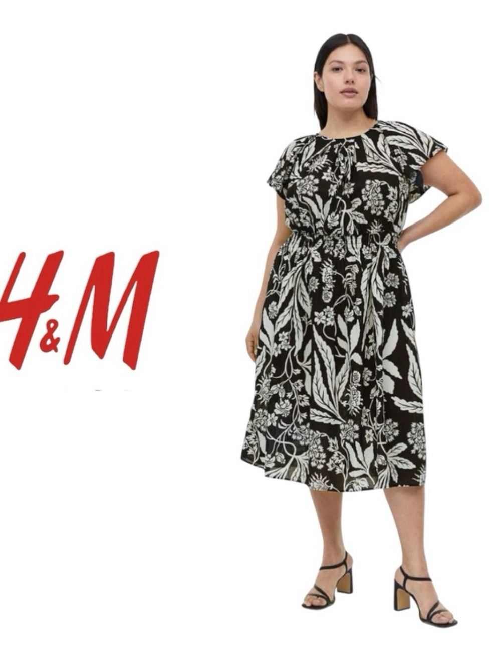 H&M Black and White Floral Midi Dress